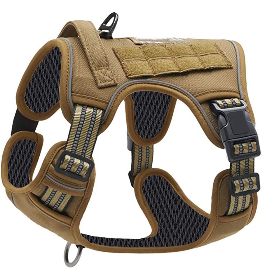 Khaki tactical no‑pull dog harness – heavy‑duty design with adjustable straps and secure buckles.